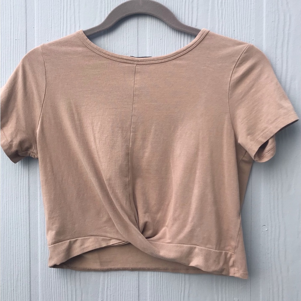 Beige Twist-Front Crop Tee